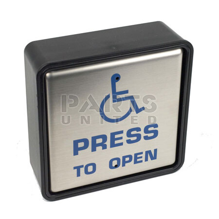 Roestvrijstalen vierkante drukschakelaar met rolstoel logo. Afmetingen ca. 11x11cm.