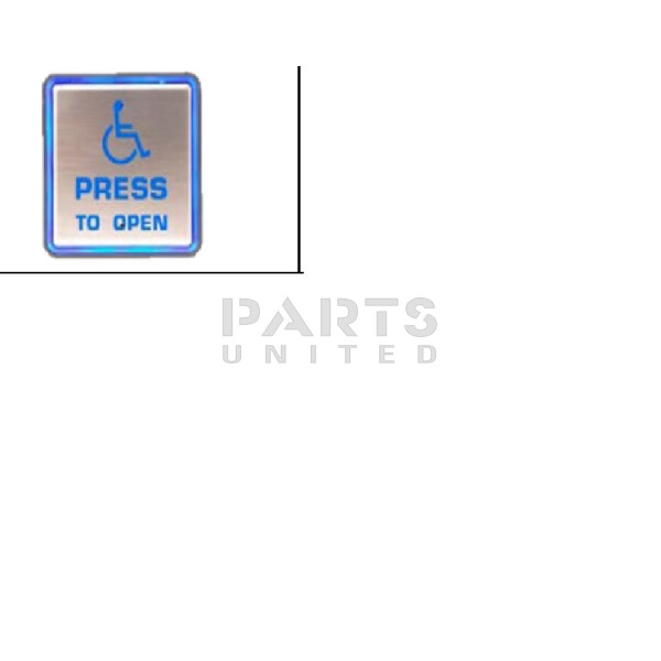 Roestvrijstalen vierkante drukschakelaar met press to open tekst en rolstoel logo.
