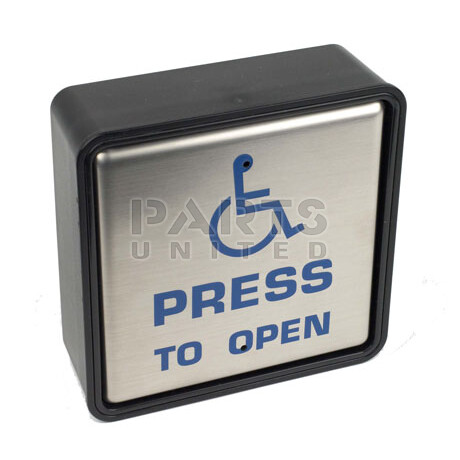 Roestvrijstalen vierkante drukschakelaar met rolstoel logo. Afmetingen ca. 15x15 cm.