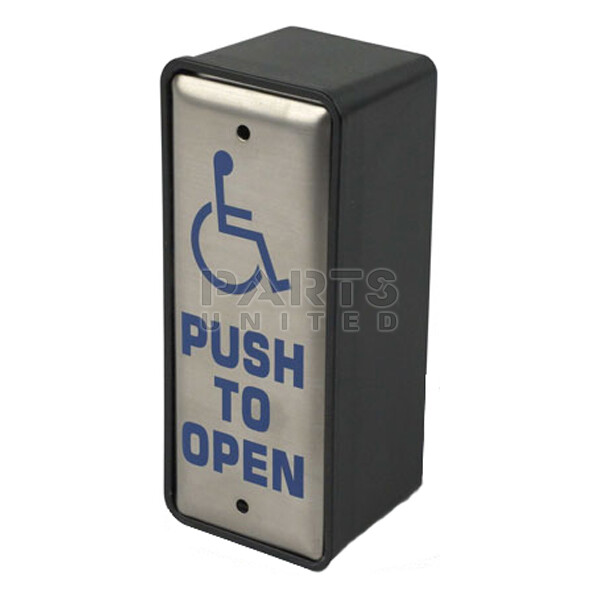 Roestvrijstalen rechthoekige draadloze drukschakelaar met press to open tekst en rolstoel logo